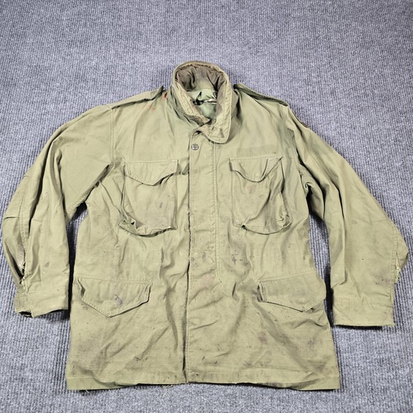Vintage M-65 Field Jacket Mens Large OG 107 Army Coat Hood Patch Distressed 70s - Picture 1 of 16